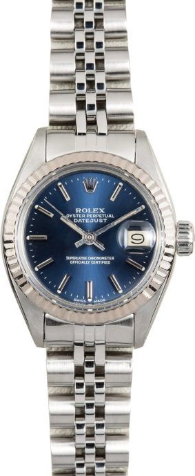Silver wristwatch with a blue dial and diamond-style bezel on a metal bracelet