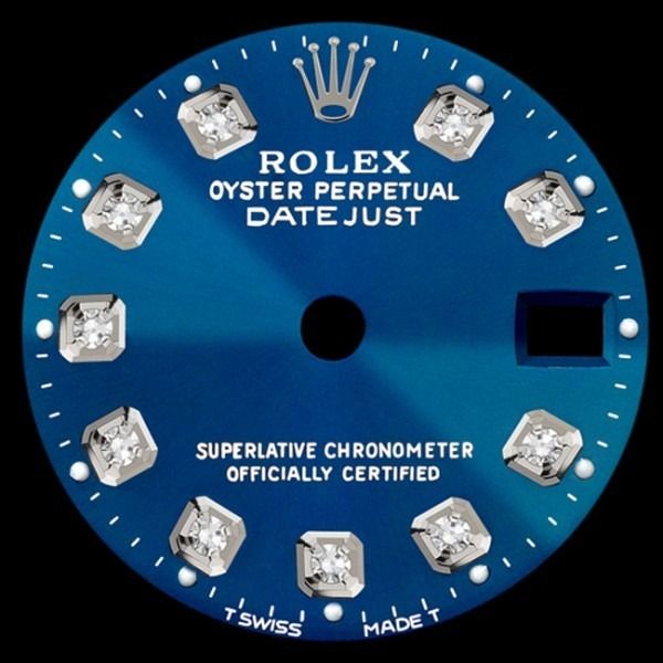 Blue Rolex Oyster Perpetual Datejust watch dial with diamond hour markers and crown logo