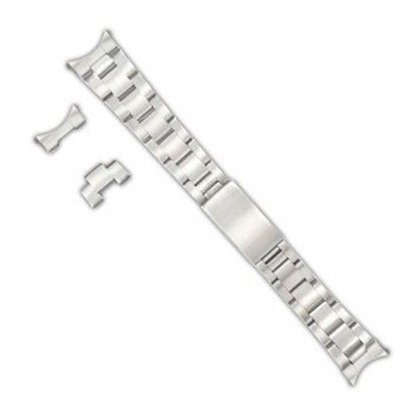 Silver metal watch band with two small detached links on a white background