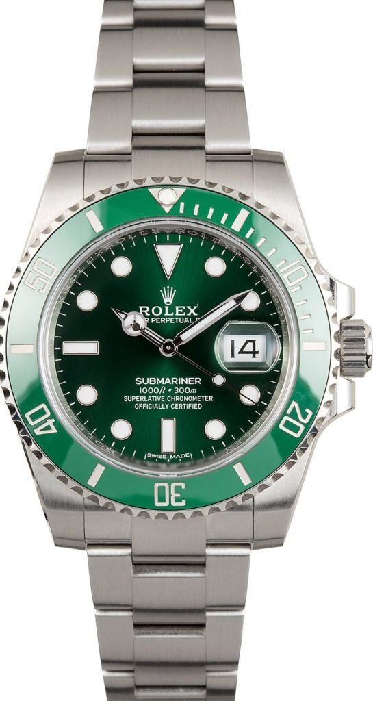 Green Rolex Submariner watch with silver band and date display on the dial