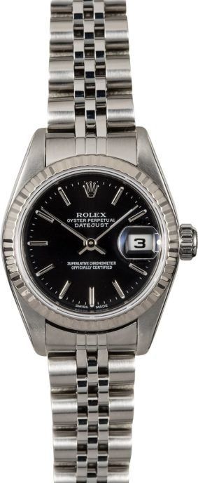 Two-tone Rolex wristwatch with black dial and date window on metal bracelet
