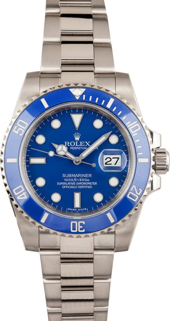 Blue-faced Rolex Submariner watch with silver metal band and date display