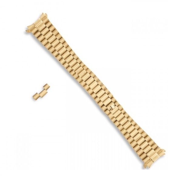 Gold metal watch band with a small detached clasp on a white background