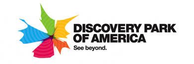 Logo for Discovery Park of America with colorful leaf design and text 