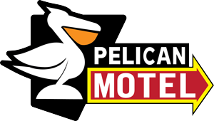 Logo with pelican bird next to the words Pelican Motel inside an arrow shape