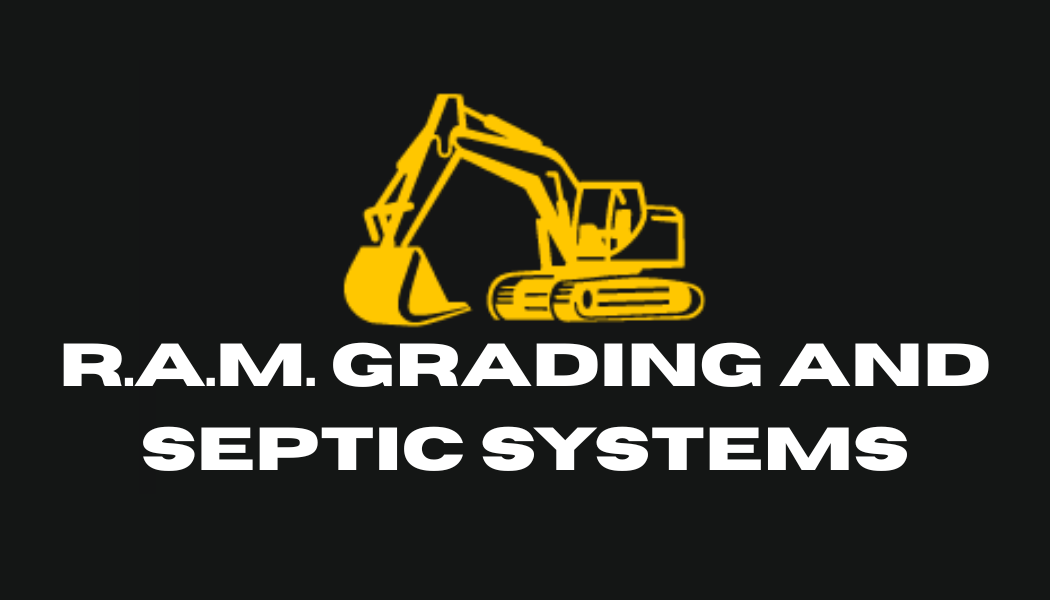 Yellow excavator logo for R.A.M. Grading and Septic Systems; white text on black background.