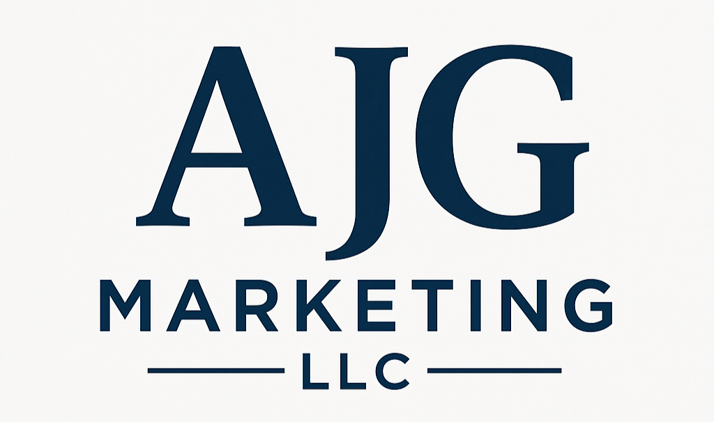 AJG MARKETING LLC logo in dark blue font on a light background.