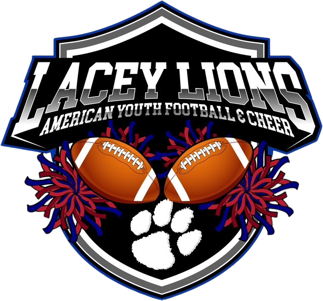 Lacey Lions logo: shield with footballs, pom-poms, paw print, text "Lacey Lions American Youth Football & Cheer".