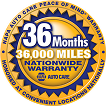 Gold and blue 36-month, 36,000-mile warranty seal with bold starburst design.