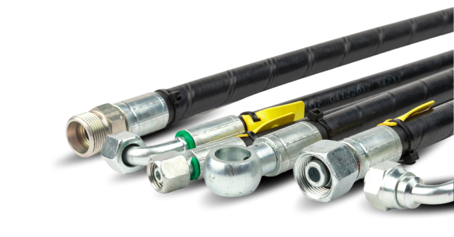 Coiled black hydraulic hoses with silver metal fittings on a white background