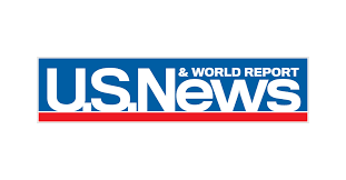 The logo for us news and world report is blue and red.