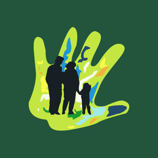 Family silhouettes inside a green handprint with colorful paint splotches on a green background.