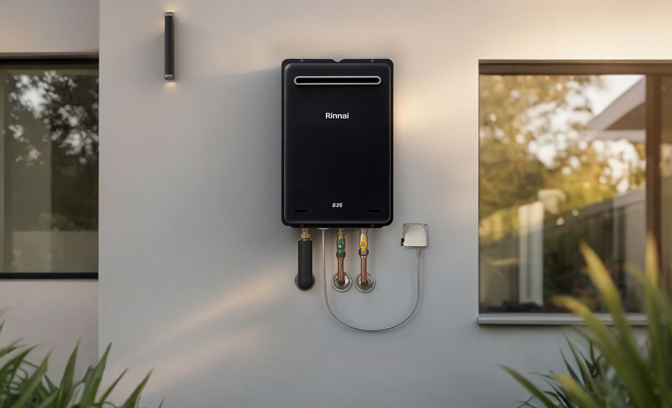 Wall-mounted Black Utility Box With Pipes and Cables — Forster Hotwater in Old Bar, NSW