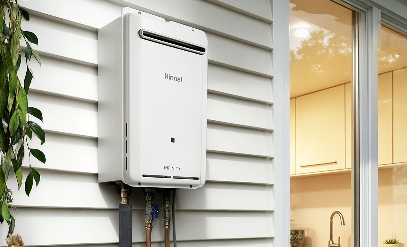 White Outdoor Tankless Water Heater Mounted on House Siding — Forster Hotwater in Hallidays Point, NSW