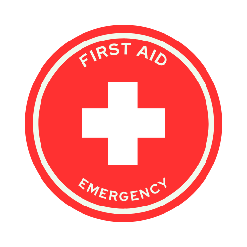 A first aid emergency sign with a white cross in a red circle