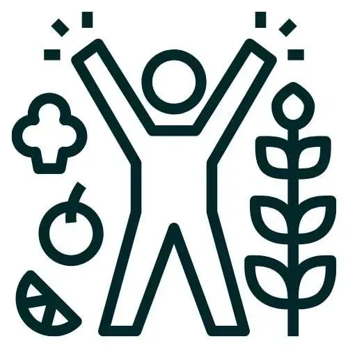 A line drawing of a person with their arms in the air surrounded by plants.