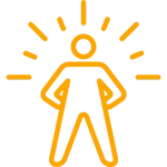 A line drawing of a man standing with his hands on his hips.