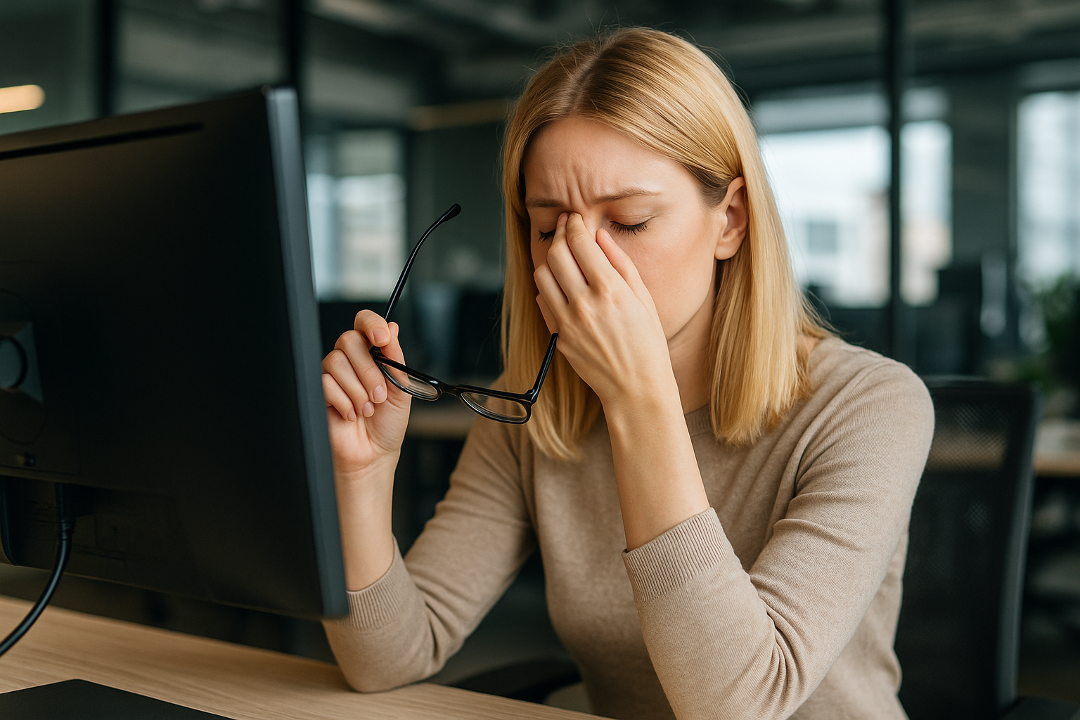 A woman is sitting at a desk with a computer and rubbing her eyes.