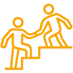 A person is helping another person up the stairs.