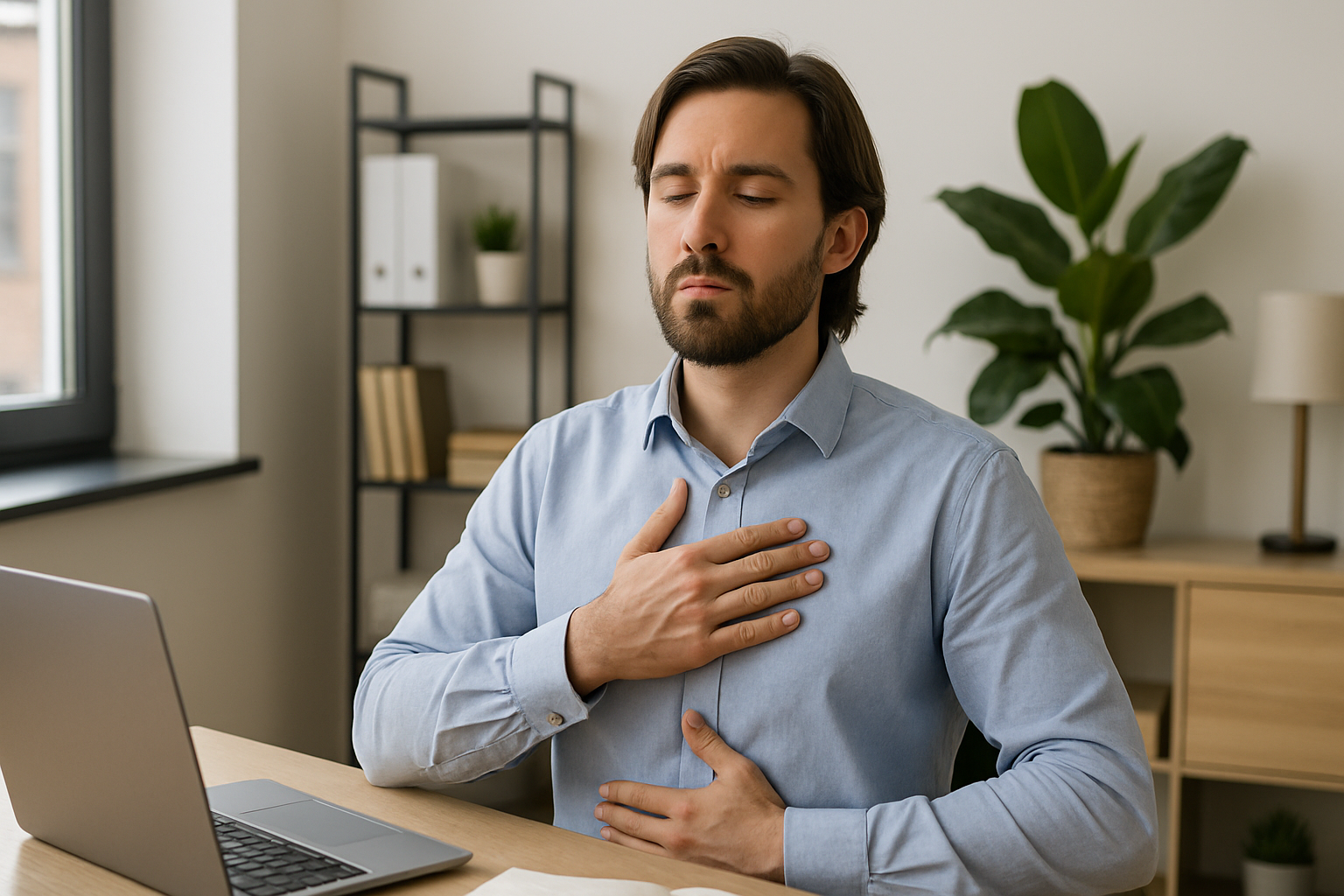 A man is sitting at a desk with his hands on his chest.