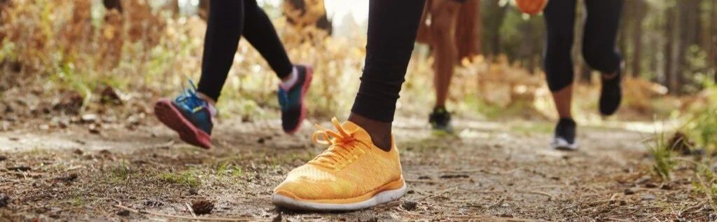 A group of people are walking down a dirt path.