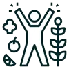 A line drawing of a person with their arms in the air surrounded by plants.
