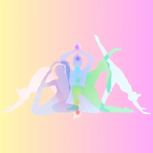 A group of people are doing yoga exercises on a pink background.