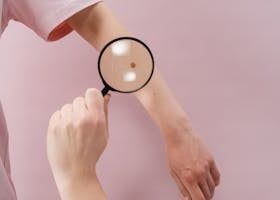 Person examining a mole on their arm with a magnifying glass; pink background.