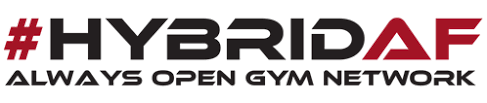 The logo for the hybridaf always open gym network