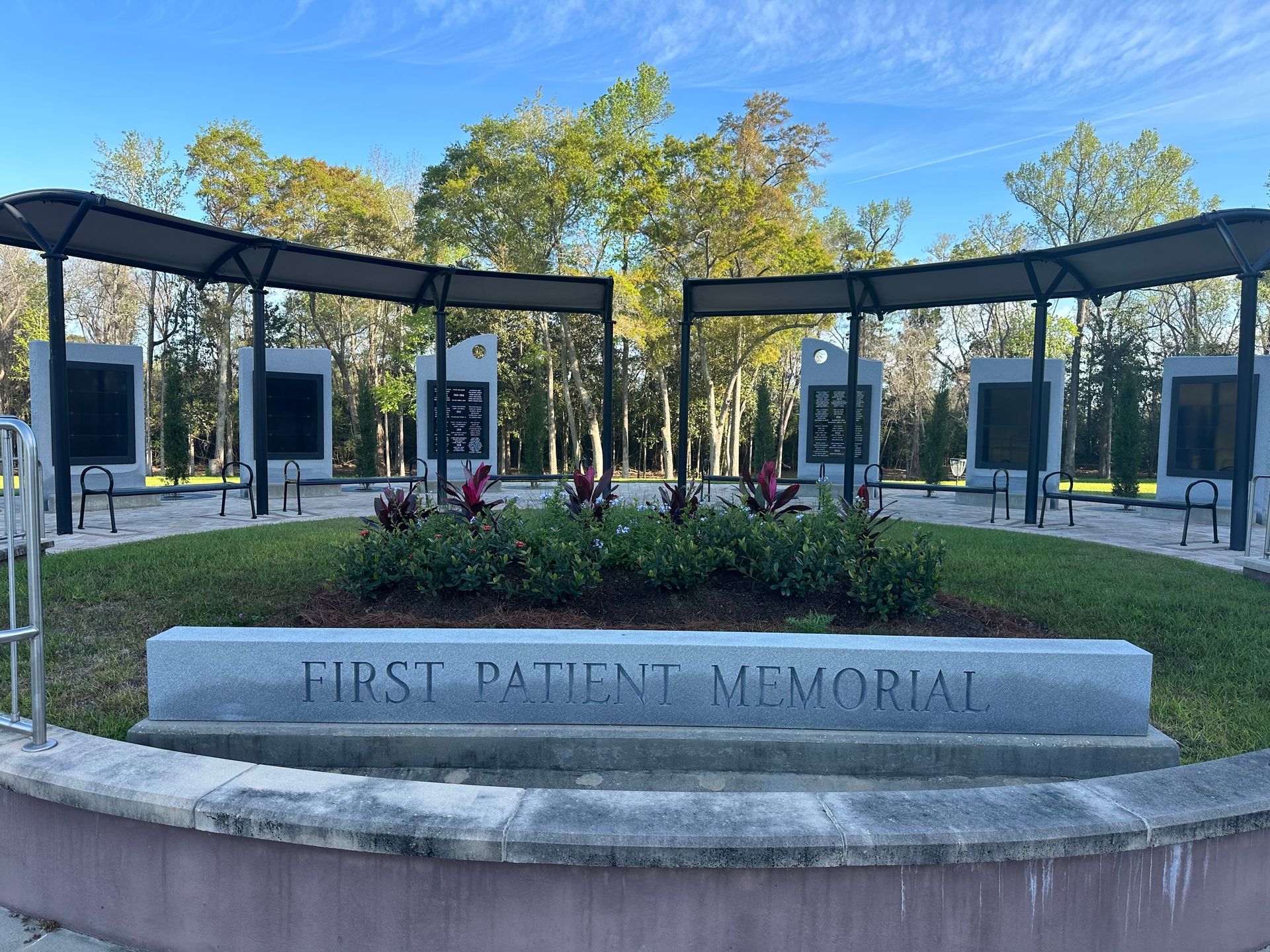 The first patient memorial is located in a park