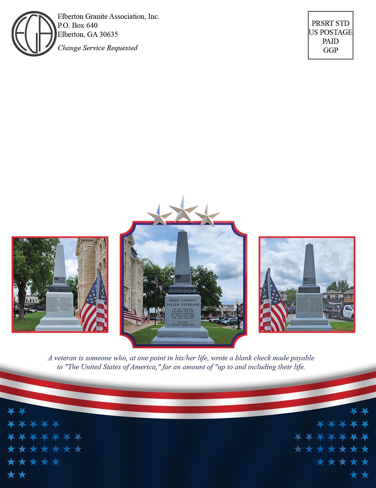 A postcard with three pictures of a monument and american flags on it.