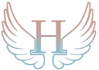 Letter "H" with wings; gradient pink to blue.