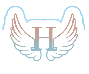 "H" letter with angel wings, in blue and coral gradients, with a cloud outline.