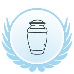 Urn icon, outlined in black, inside a blue-edged circle, surrounded by stylized blue leaves.