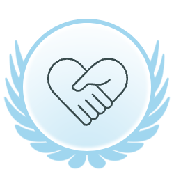 Hands shaking in a heart shape, surrounded by a light blue wreath, within a light blue circle.