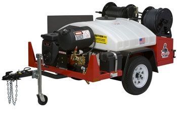 A trailer with a hose reel attached to it.