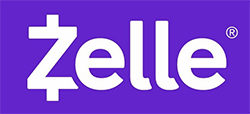 The logo for zelle is a purple background with white letters.