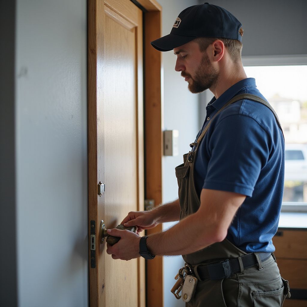 Locksmith working on a wooden door, wearing a cap and overalls.