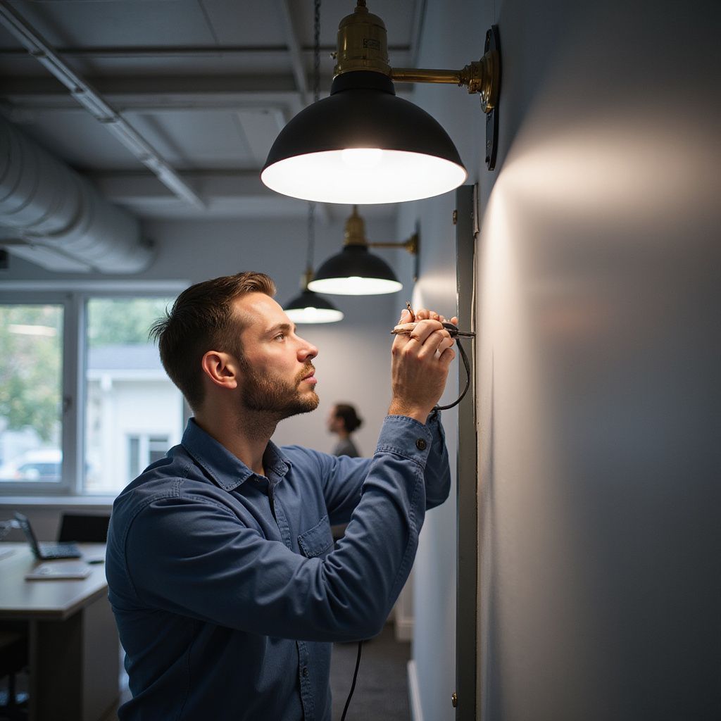Man in blue shirt wiring a wall-mounted light fixture in an office.