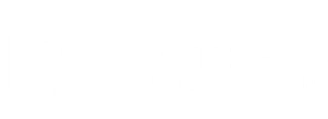 Fortress Facility Solutions logo: white text on blue background. Shield logo with mountain design.