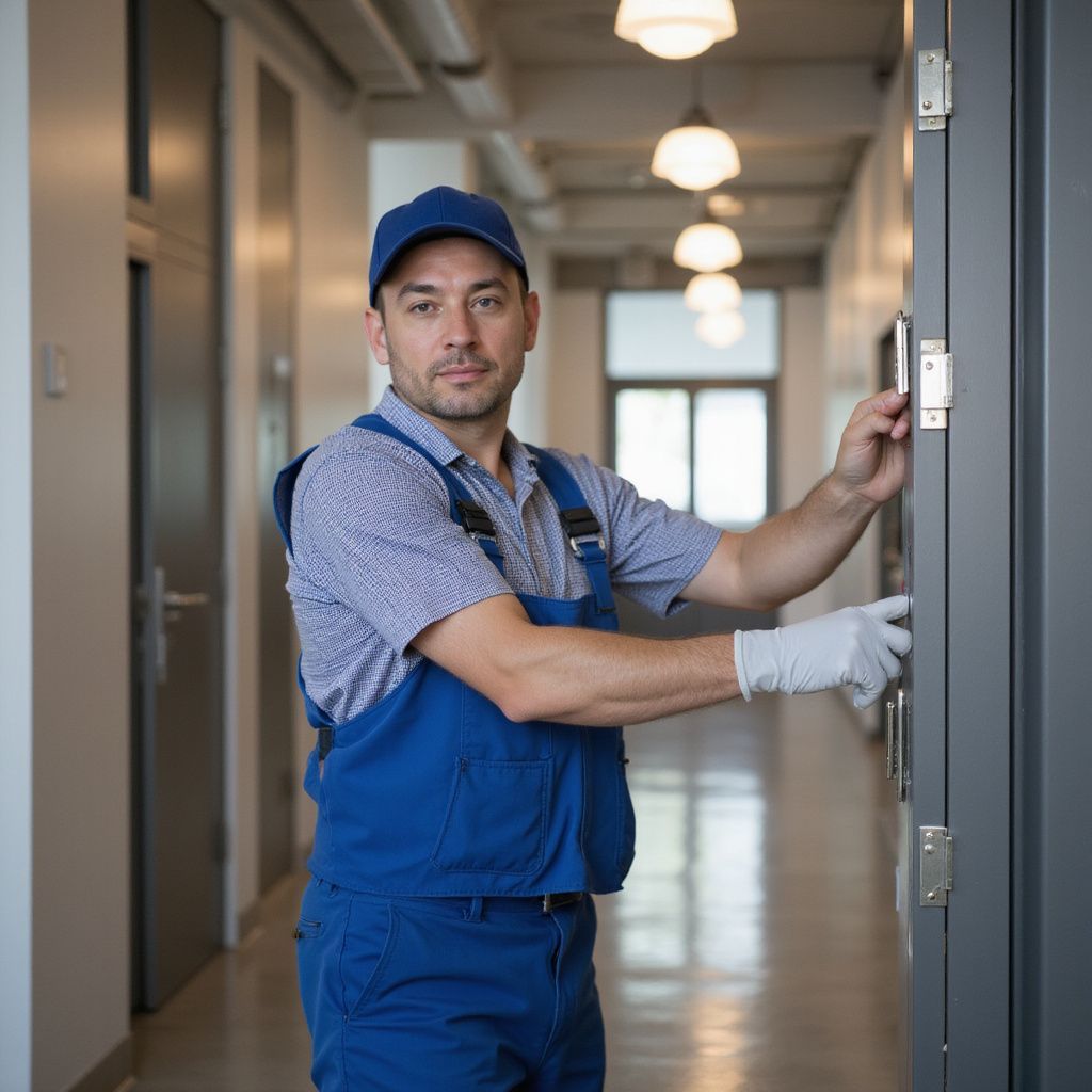 Man in blue overalls and cap opening a door in a well-lit hallway, wearing gloves.