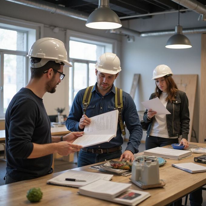 Three people in hard hats reviewing blueprints at a work table in a modern workshop.