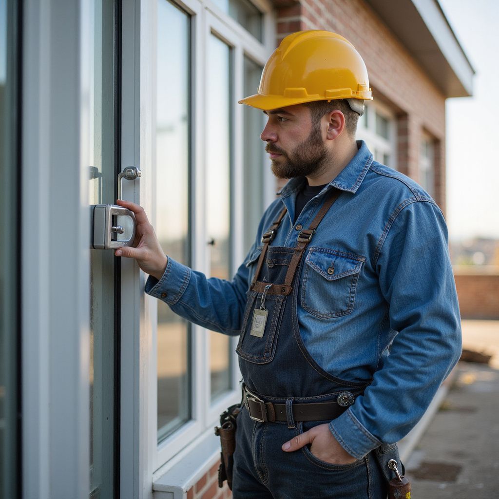 Construction worker in yellow hard hat inspects window lock, outdoors.