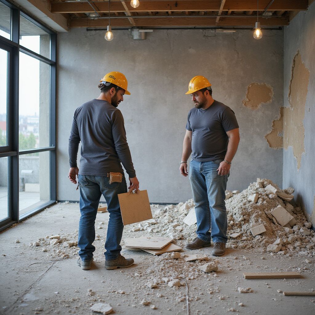 Two construction workers in hard hats examine a debris-filled room, possibly renovating.