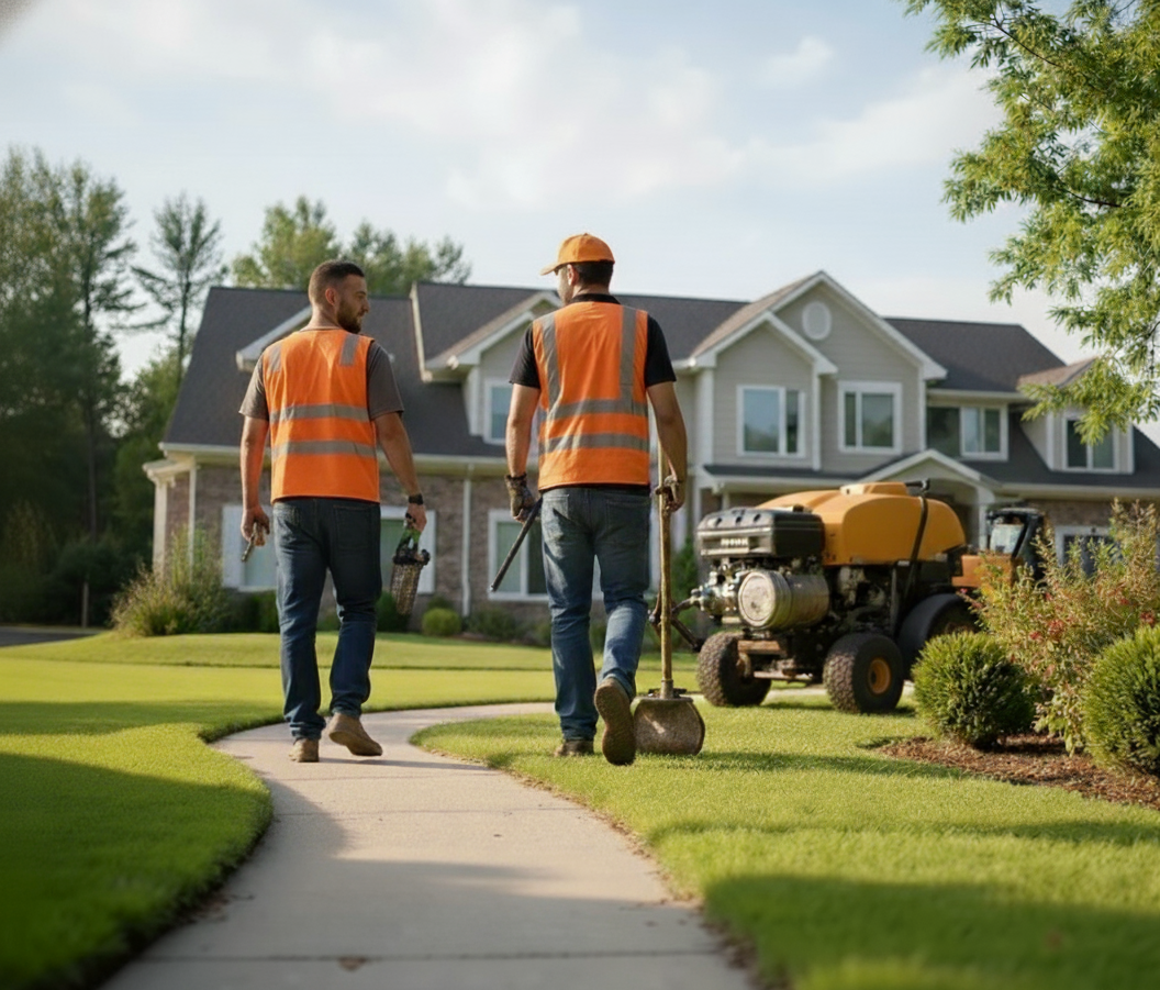 Two workers in orange vests walk on a sidewalk towards a house, lawn care equipment in the yard.