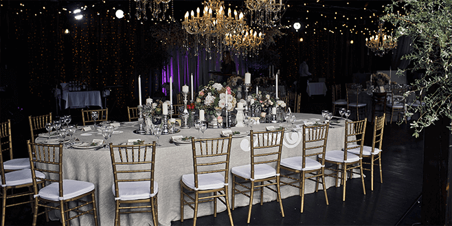event table with chandelier
