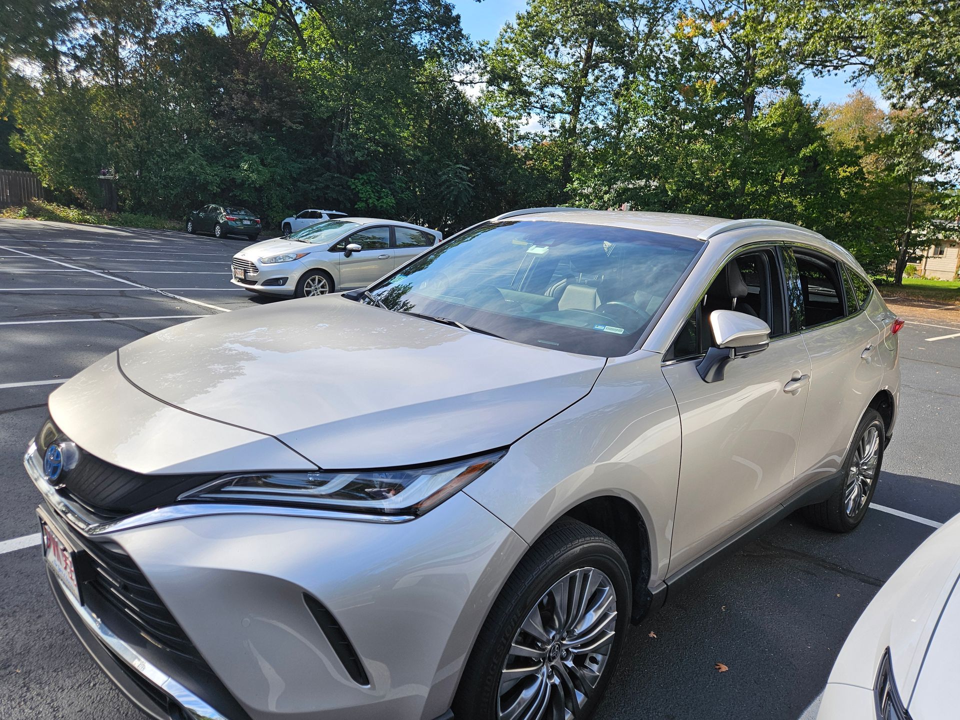 Silver Toyota Venza SUV parked in a lot, surrounded by trees and other vehicles under a sunny sky.