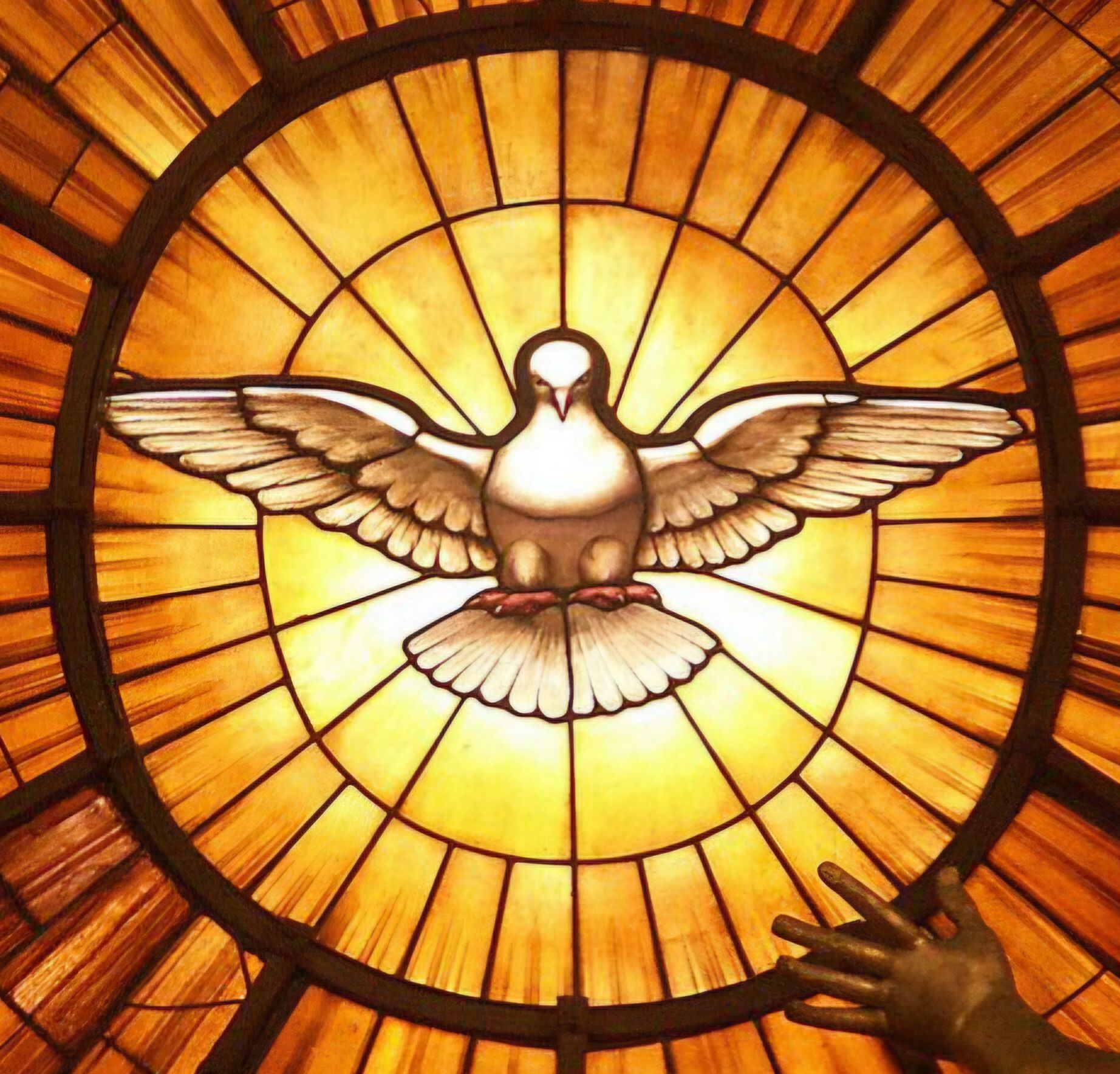Dove with outstretched wings in a golden stained-glass window, with a reaching hand in the lower right corner.