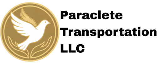 Logo of Paraclete Transportation LLC, featuring a dove in a gold circle, hands holding the dove, with company text.
