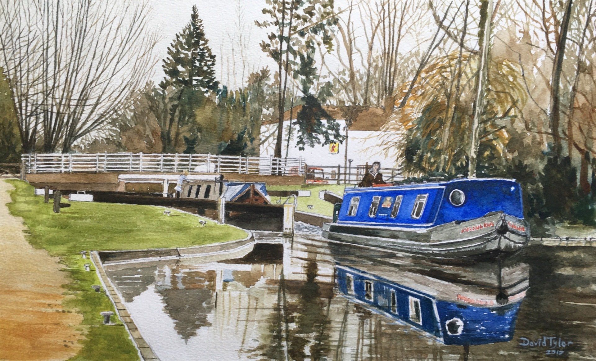Blue barge on the Kennet and Avon Canal, Kintbury, Wiltshire, 2016
